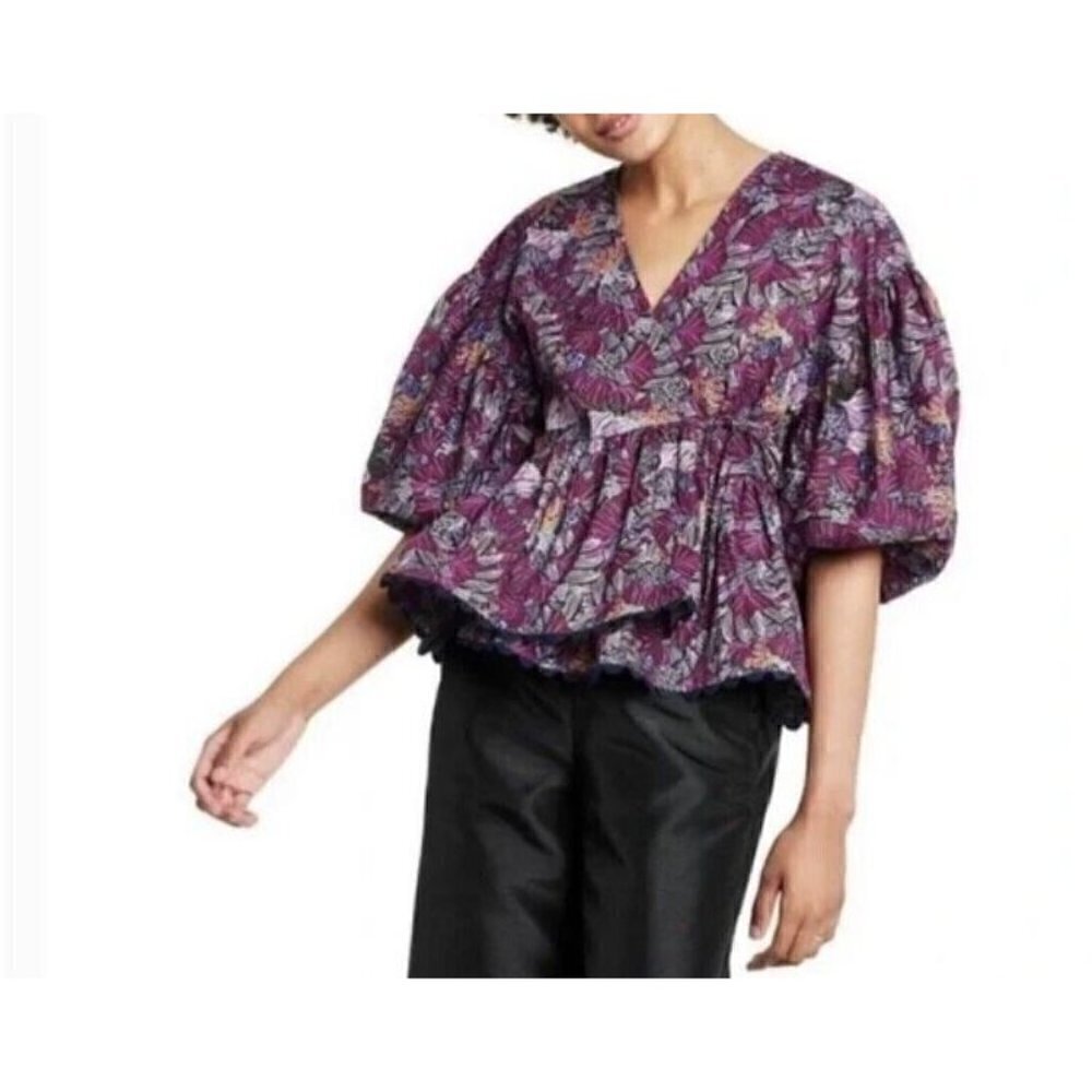 Kika Vargas X Target Wrap Top Womens 2X Coral Reef Puff Sleeve Scalloped Hem